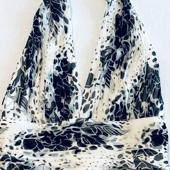 Tadashi silk halter dress Women’s 12 black white midi floral cocktail pleated. - Picture 4 of 14